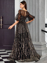 Mgiacy Round Neck Half-See-Through Glitter Puff Sleeve Maxi Dress